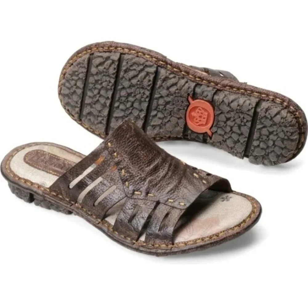Born Laramie Full Grain Leather Dark Brown Slide Sandals Womens - Picture 1 of 10